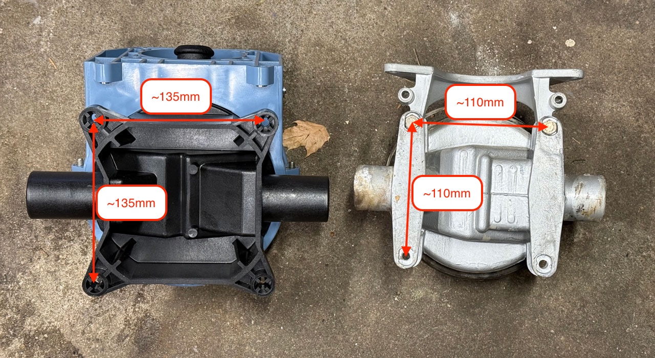 Underside view comparing mounting bases and hole patterns of Gusher 10 and Titan