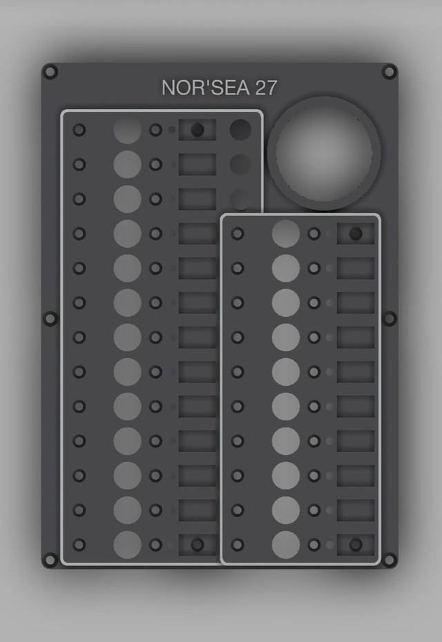 Front-view CAD render of the Nor'Sea 27 electrical panel design, showing breaker positions and BMV-712 cutout